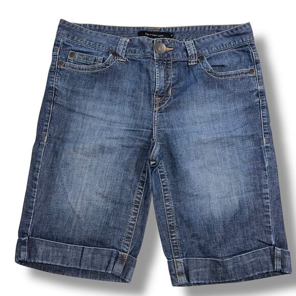 Calvin Klein Jeans Womens Denim Blue Jean Bermuda Shorts Dark Wash Rolled Cuffs - Picture 1 of 8